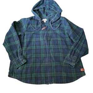 LL Bean Relaxed‎ Fit Flannel Full Zip Hoodie Scotch Plaid Womens LG Blue/green